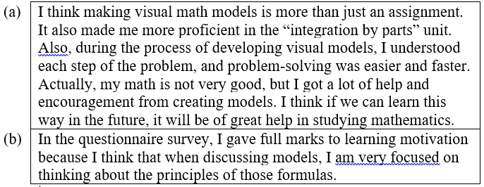 Two examples of students’ online feedback on participation in the creative projects in
Teaching Stage III